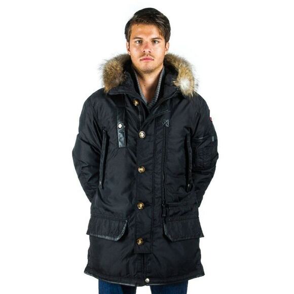 NEW PAJAR CANADA BLUE NYLON COYOTE FUR HOODIE EAGLE GOOSE DOWN JACKET XL - Picture 1 of 9